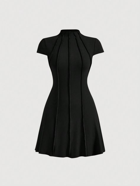 Black Casual Collar Cap Sleeve Knitted Fabric Plain A Line Embellished Slight Stretch  Women Clothing Black Short Sleeve Dress, Cute Dress Outfits, Mock Neck Dress, Black Crystals, Trendy Dresses, Yearbook, Black Casual, Green Fashion, Dress Details