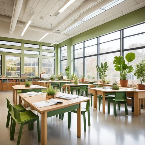 eco-friendly interiors Modern Classroom Design College, Modern School Interior Design, High School Interior Design, Classroom Interior Design, Sustainable Classroom, Eco Friendly Interior Design, Sustainable Schools, School Collage, Communal Living