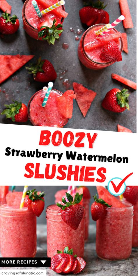 Boozy strawberry watermelon slushies served in mason jars with brightly coloured straws. Frozen Alcoholic Drinks Slushies, Alcholic Slushies Recipes, Beer Slushie, Alcohol Slushies, Boozy Slushies, Slushy Recipes, Slushy Alcohol Drinks, Adult Slushies, Boozy Watermelon