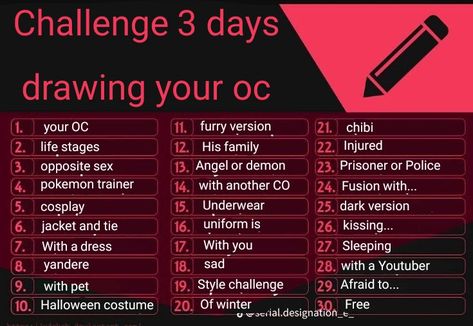 30 Days Drawing, Oc Drawing Prompts, 30 Day Oc Challenge, Oc Things, 30 Day Art Challenge, Drawing Challenges, Draw Your Oc, Oc Drawing, October Art