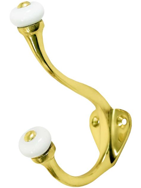 Double Coat Hook with Porcelain Ball Tips In Lacquered Brass | House of Antique Hardware Basement Bathroom Remodeling, Brass Coat Hooks, Bathroom Plan, Brass Hooks, Brass Hook, Basement Bathroom, Door Sets, Antique Hardware, Traditional Interior