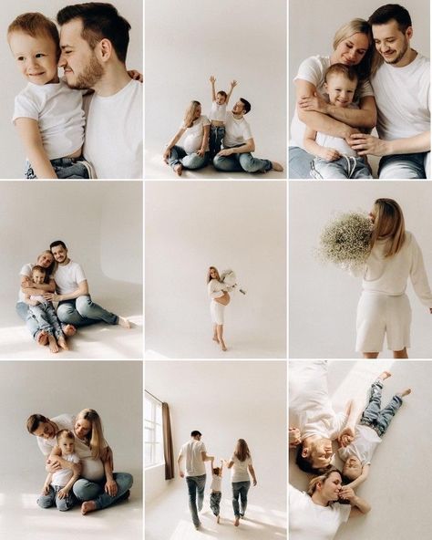 Neutral Studio Family Photoshoot, Family Studio Photography Outfits Casual, Studio Pictures Family, Studio Shoot Family, Modern Studio Family Portraits, White Studio Photoshoot Family, Family In Studio Photography, Maternity Family Studio Photoshoot, Family Of 3 Maternity Pictures Studio