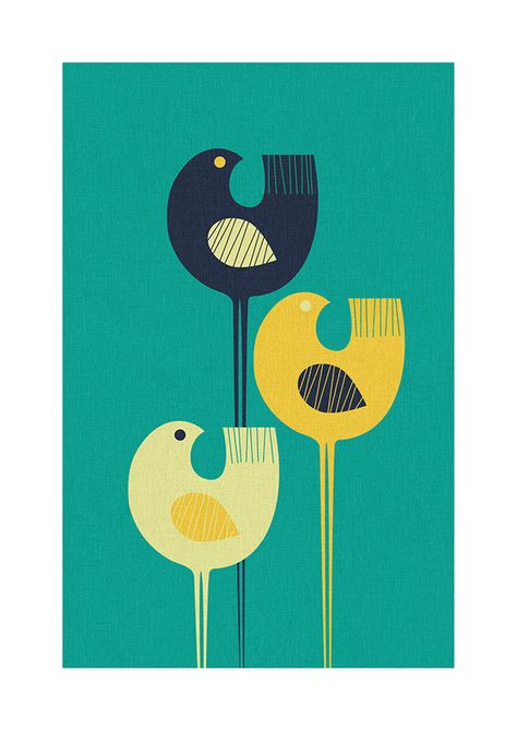 Wading birds - Scandinavian / mid-century inspired art print Mid Century Modern Minimalist, Spoon Art, School Murals, Mid Century Illustration, Modern Birds, Big Pocket, Bird Art Print, Mid Century Art, Work Shirt