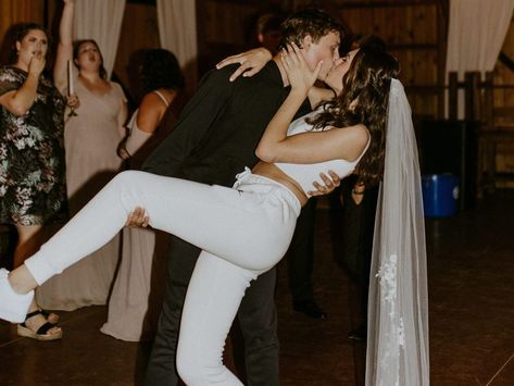 Couple Changed Into Sweatsuits at Their Wedding Reception Bride Reception Outfit, Wedding Reception Outfit For Bride, After Wedding Outfit, Reception Outfit For Bride, Wedding Party Attire, Bridal Aesthetic, Wedding Reception Outfit, Reception Outfits, White Weddings Reception