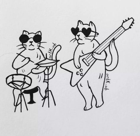 Cat With Guitar Tattoo, Cats Dancing Tattoo, Cat Band Drawing, Animals Playing Instruments Tattoo, Animal Playing Instrument Tattoo, Cat Playing Drums Drawing, Cat With Guitar Drawing, Cat Playing Guitar Tattoo, Cute Guitar Drawing