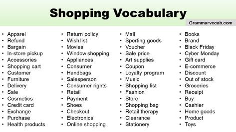 Whether you love shopping, enjoy finding great deals, or just need to get some things done, shopping is something we all do every day. Whether it’s at small neighborhood markets or fancy stores, it’s important to understand specific words and phrases to communicate well with shopkeepers and other shoppers. This article will give you a … Shopping Vocabulary: List of Words for Shopping Read More » Shopping Phrases English, Small Neighborhood, Art Supplies Gift, List Of Words, Shopping List Grocery, Vocabulary List, Words And Phrases, Loyalty Program, English Phrases