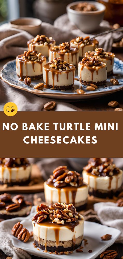 No-Bake Turtle Mini Cheesecakes bring together creamy cheesecake, caramel, chocolate, and pecans for a delightful bite-sized treat. Easy to make and endlessly customizable, these cheesecakes are perfect for any occasion. No Bake Turtle Cheesecake Cups, No Bake Mini Turtle Cheesecake, Turtle Cheesecake Cupcakes, Easy Turtle Cheesecake Recipes, Mini Turtle Cheesecake Bites, No Bake Turtle Cheesecake Recipes, Turtle Cheesecake Bites, No Bake Chocolate Caramel Cheesecake Bites, Mini Turtle Cheesecake Recipe