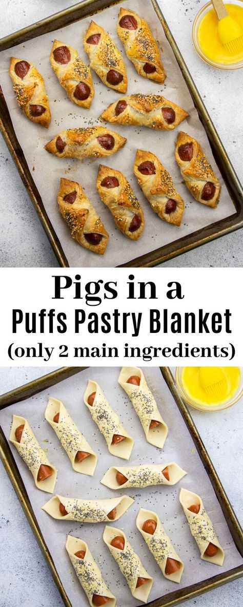 Easy Smoko Ideas, Puff Pastry Pigs In A Blanket Appetizers, Fall Pigs In A Blanket, Pigs In Blanket Puff Pastry, Pastry Hot Dogs, Hot Dog Puff Pastry Recipe, Hot Dogs Wrapped In Puff Pastry, Hot Dog Appetizers For Party, Pigs In A Blanket Puff Pastry