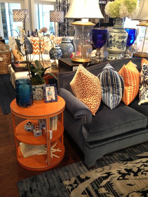 Navy & Orange! Gray Orange Navy Living Room, Blue Orange House Interior, Navy Interior, Greige Walls, Orange Curtains, Navy Living Rooms, Orange Home Decor, Orange House, Blue Sofa