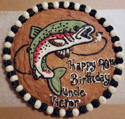 Trout fishing cookie cake. Fishing Cookie Cake, Birthday Cookie Cake Designs For Men, Back To School Cookie Cake, Cookie Cake Decorating Ideas Birthdays, Cookie Cake Decorating Ideas, Chocolate Chip Pizza, Burger Cookies, Bday Cookies, Men Cakes