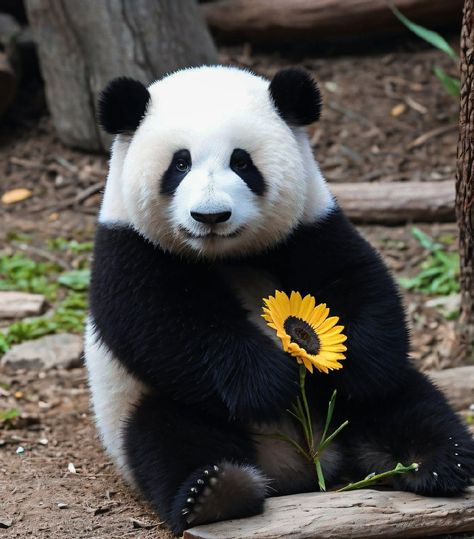 Panda With Sunflower, Panda Widget, Panda Dp, Panda Sunflower, Panda Photo, Baby Panda Bears, Baby Polar Bears, Cute Small Animals, Butterfly Photos