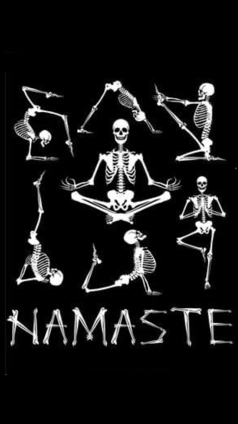 Holiday Yoga Quotes, Goth Yoga Aesthetic, Goth Yoga, Yoga Meme, Pilates Quotes, Feminine Skull Tattoos, Yoga Aesthetic, Halloween Figures, Skeleton Tattoos