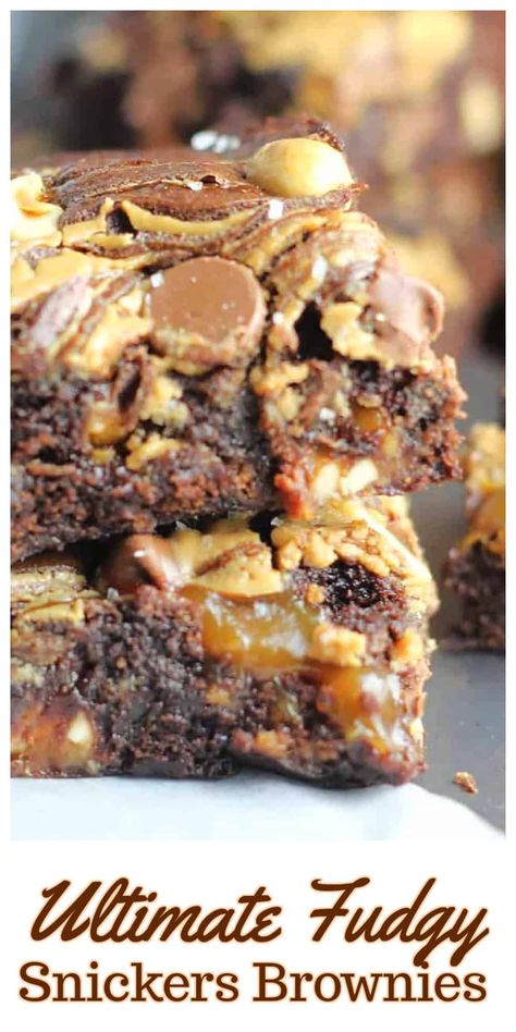 Ultimate Fudgy Snickers Brownies - Swirls of creamy peanut butter and caramel, with a generous sprinkle of sea salt, milk chocolate chips and roasted peanuts adorn the top of the brownies.  #snickers #snickersbrownies #brownies #decadentbrownies #caramelbrownies #peanutbutter #peanuts Snickers Brownies, Snicker Brownies, Pastries Recipes, Butter Brownies, Dessert Bar Recipe, Peanut Butter Brownies, Brownies Recipe Easy, Amish Recipes, Bar Cookies