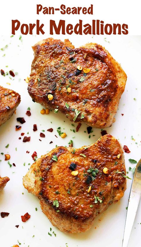 Wonderfully tender and so very flavorful, these pork medallions are ready in less than 30 minutes. Pork Tenerloin, Pan Seared Pork Tenderloin, Pork Medallion Recipes, Pork Tenderloin Medallions, Spaghetti With Ground Beef, Pork Medallions, Pork Entrees, Low Carb Pork, Pork Dinner