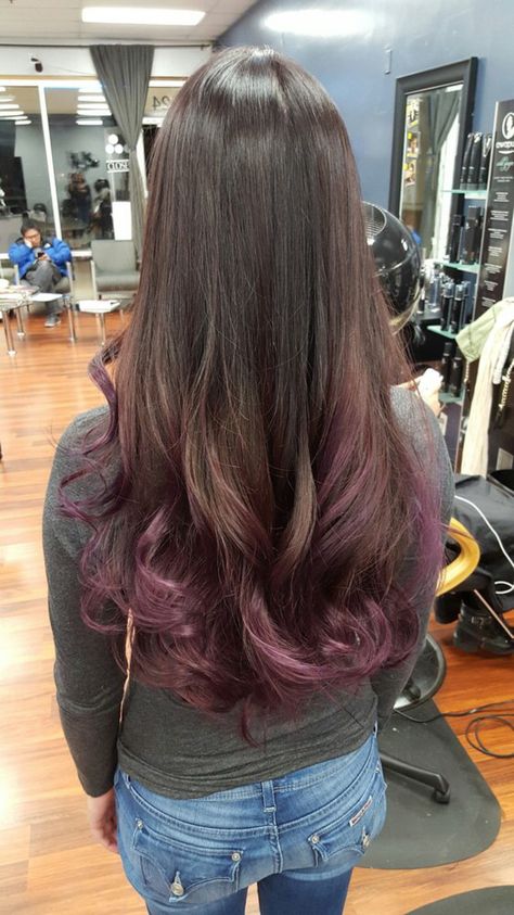 Hair Colour For Long Hair Length, Brunette Hair With Purple Ends, Brown Hair Purple Ends, Plum Highlights In Brown Hair, End Of Hair Dyed, Brown Hair Purple Tips, Colored Hair Ends, Purple And Brown Hair, Brown Hair Fade