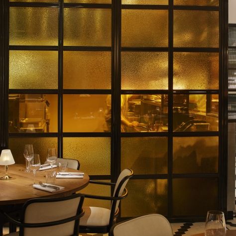 Bask in the glow of amber glass ! SEEDED Textured Glass in Ambar from our SPECTRUM range of colours Brick Cafe, Glass Restaurant, Bubble Texture, Heritage Building, Restaurant Bar Design, Bar Design Awards, Reeded Glass, Light Backdrop, Glass Brick