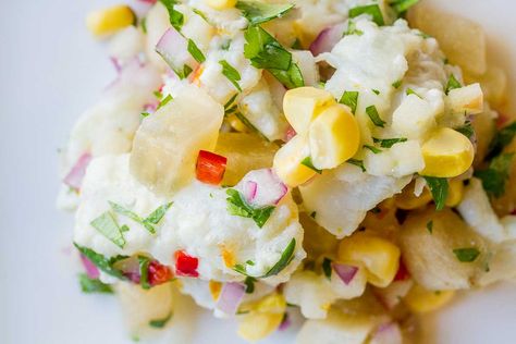 Halibut Ceviche with Yacon Root | Marx Foods Blog Yacon Root Recipes, Halibut Ceviche, Root Recipes, Food Fish, Serrano Pepper, Diced Apples, Orange Zest, Sweet Corn, Apple Crisp