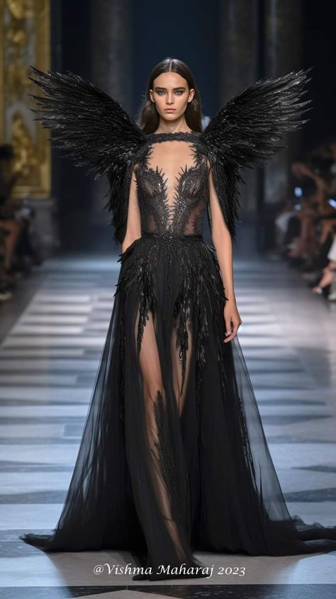 Dark Angel Aesthetic Outfit, Dark Angel Outfit, Avant Garde Gown, Maleficent Fashion, Dystopian Dress, Mideval Dress, Ethereal Gowns, Ethereal Gown, Raven Dress