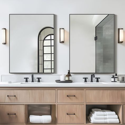 Enhance your bathroom decor with our 2 piece metal framed rectangular bathroom mirror set. Made from metal frames, these bathroom mirrors are rustproof and durable, with a modern minimalist frame design that adds a contemporary feel to your space. Our bathroom mirrors are made from shatterproof material, which is not only tough but also ensures the safety of you and your family. The high definition mirror design gives you a different experience, allowing you to see every detail. We hope our 2 pi Decorative Bathroom Mirrors, Wall Mirror Bathroom, Future Bathroom, Lake House Bathroom, Rectangular Bathroom Mirror, Rectangle Wall Mirror, Wall Mirrors Set, Vanity Dresser, Mirror Bathroom