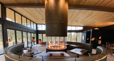 2022 Fireplace Trends And Ideas To Inspire Your Next Design Three Sided Fireplace Ideas, Fireplace Restaurant, Three Sided Fireplace, Fireplace Trends, Restaurant Fireplace, Questions Quotes, Dream Fireplace, Fireplace Dimensions, Contemporary Fireplace