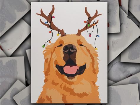 Golden Retriever Dog Reindeer card, Golden Retriever Christmas card, Golden Retriever dog gift card, Golden puppy holiday greeting card Golden Retriever Christmas Card, Dog Sleigh, Golden Retriever Drawing, Dog Reindeer, Golden Retriever Christmas, Reindeer Card, Pug Christmas, Dog Christmas Card, Golden Puppy