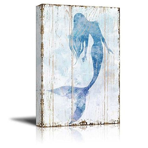 wall26 - Canvas Wall Art - Mermaid Picture on Vintage Background Rustic Artwork | Modern Giclee Print Gallery Wrap Home Decor Ready to Hang - 12" x 18" Mermaids On Wood, Cheap Canvas Prints, Rustic Artwork, Ocean Illustration, Beach Bathroom Decor, Mermaid Stuff, Beach Bathroom, Mermaid Pictures, Watercolor On Wood