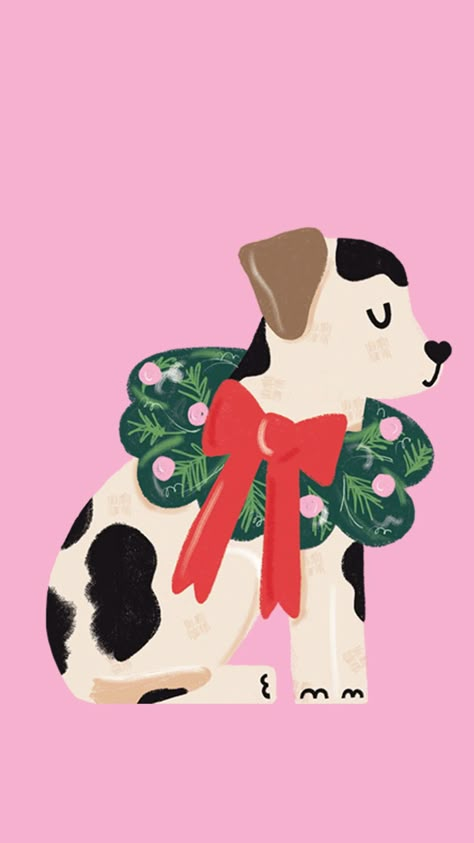 Free HD phone wallpaper featuring cute puppy with Christmas wreath complete with festive red bow. Download for free from our blog! Christmas Puppy Illustration, Winter Dog Illustration, Dog Christmas Illustration, Puppy Christmas Wallpaper, Christmas Dog Wallpaper, Christmas Illustration Wallpaper, Illustration Art Christmas, Dog Christmas Wreath, Christmas Wreath Illustration