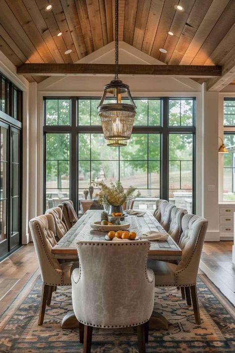 Country Dining Rooms Farmhouse, Large Farm Table Dining Rooms, Dining Room Conservatory Ideas, All Window Dining Room, Cased Opening Dining Room, Dining Room By Fireplace, Dining Room Table For 10-12, Barndo Dining Room, Spacious Dining Room