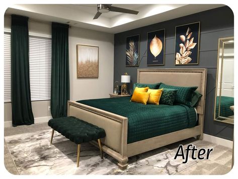 Emerald Green Room Ideas Bedroom Aesthetic, Green Black Gold Bedroom Ideas, Shades Of Green Bedroom Ideas, Emerald Green Bedding Decorating Ideas, Gold And Green Bedroom Ideas, Hunter Green Bedroom Ideas, Emerald And Gold Bedroom, Emerald Green Black And Gold Bedroom, Green Black And Gold Bedroom