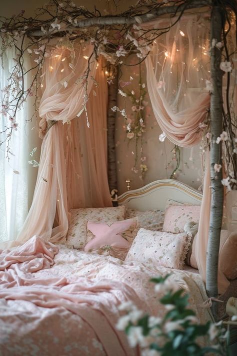 25 Magical Fairy Bedroom Ideas for a Touch of Whimsy - Roomy Retreat Jewel Bedroom, Princess Themed Bedroom, Princess Theme Bedroom, Forest Themed Bedroom, Korean Bedroom Ideas, Cottage Core Bedroom, Fairytale Bedroom, Fairy Bedroom, Fairy Room