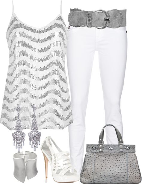 "White and Silver" by stephiebees on Polyvore- perfect for New Year Parties!  Or pair with dark jeans! Silver Outfit, Vetements Shoes, Complete Outfits, White Pants, Look Fashion, Classy Outfits, Chic Outfits, Spring Outfits, Dress To Impress