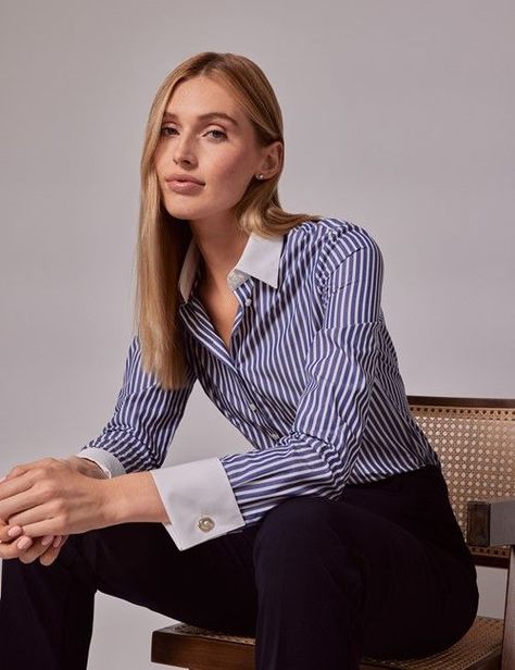 Women Lawyer, Workwear Wardrobe, Blue Shirt Women, Executive Woman, Hawes And Curtis, White Cotton Shirt, Blue And White Shirt, Double Cuff, Shirt Refashion