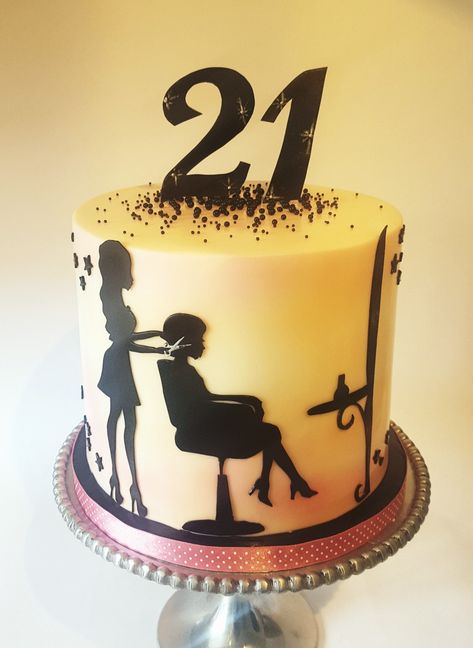 Hairdresser cake ideas | 21st birthday cake | silhouette cake | Bracknell cake maker | Sweet Mischief Cakes Cake For Makeup Artist Birthday, Hairdresser Cake Ideas, Women Cake Ideas, Hair Stylist Cake, Cosmetology Cake, Hairdresser Cake, Beach Birthday Cake, Artist Cake, Silhouette Cake