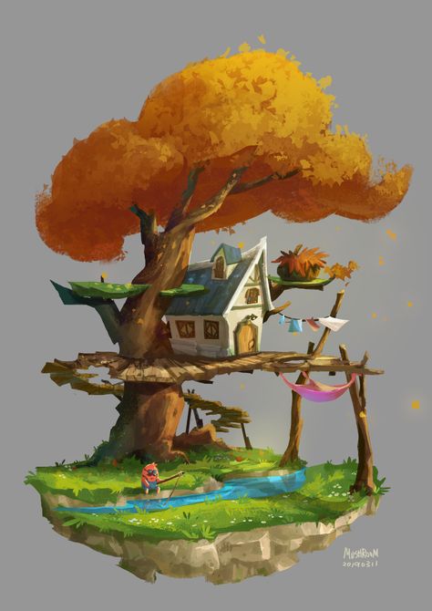 Tree House Concept Art, Tree House Concept, Tree House Painting, Tree House Illustration, Tree Concept Art, Tree House Art, Tree House Drawing, Fantasy Tree, Props Concept