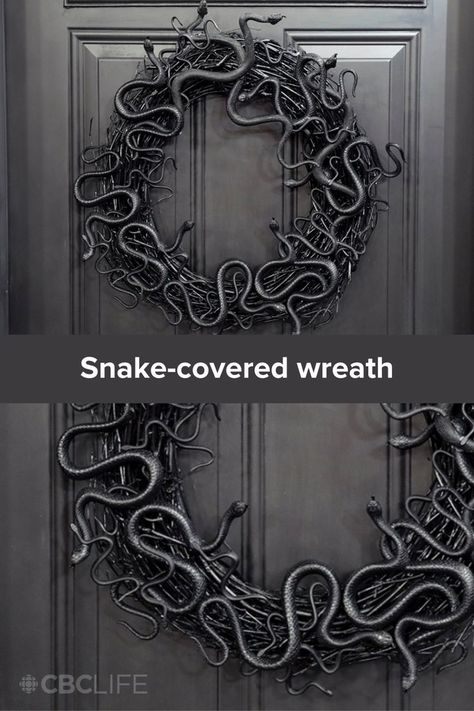 snake wreath hanging on door with text reading "snake-covered wreath" on top Snake Wreath, Halloween Front Porch, Twig Wreath, Halloween Porch, Local Crafts, Craft Store, Diy Wreath, Snakes, Craft Stores