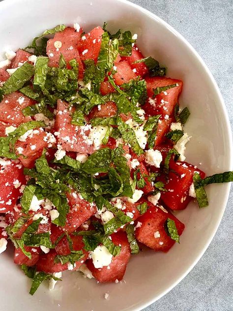 Watermelon Salad Recipe With Feta & Mint | Ain't Too Proud To Meg Watermelon Feta Mint Salad, Fruit Meals, Mint Salad Recipes, Watermelon And Feta Salad, Watermelon Mint Salad, Salad With Mint, Watermelon Salad Recipes, Fresh Summer Salad, Watermelon Feta Salad