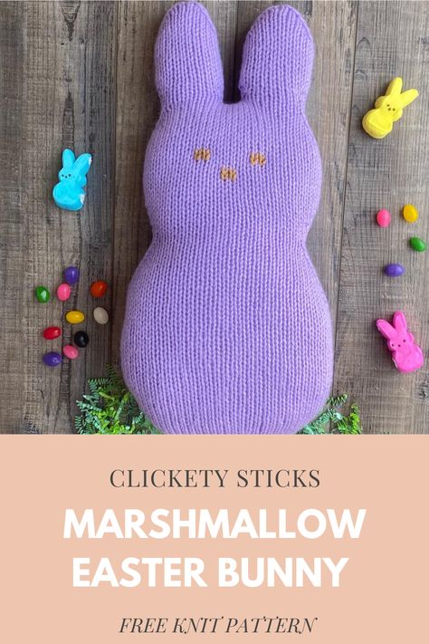 Fun Easter free knitting pattern for cute marshmallow bunny. Easy beginner friendly pattern with basic increases and decreases. Clickety Sticks, Free Knit Pattern, Marshmallow Bunny, Cute Marshmallows, Make A Rainbow, Knit Projects, Quick Knits, Easter Peeps, Knitting Ideas