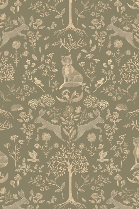 Nursery Decor Forest Animal Wallpaper, Woodland Animal Wallpaper, Magical Nursery, Olive Green Background, Wallpaper Forest, Soft Olive Green, Wallpaper In Blue, Kindergarten Wallpaper, Woodland Wallpaper