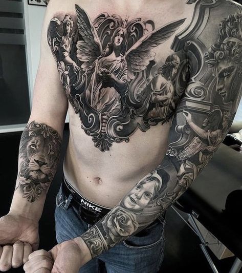 Libra Chest Tattoo, Full Chest Tattoo Men Ideas Unique, Religious Chest Tattoo, Greek Chest Tattoo, Religious Tattoos For Men, Angel Sleeve Tattoo, Under Chest Tattoo, Chest Tattoo Ideas, Patriotic Tattoos