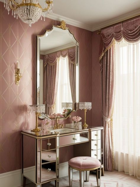 Create an art deco-inspired pink paradise by incorporating velvet curtains, a mirrored vanity, and geometric-patterned wallpaper. Add a touch of glamour with a crystal chandelier and accessorize with gold accents for a luxurious feel. Beautiful Bed Designs, Art Deco Bed, Mirrored Vanity, Patterned Wallpaper, Pink Art Deco, Pink Paradise, Gold Curtains, Couple Bedroom, House Interiors