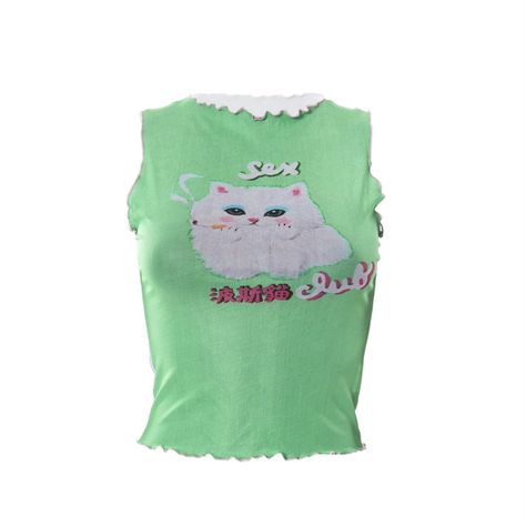 Condition: Brand New. Size: M -Bust: 72-92cm (28.35-36.22 Inches) -Length: 46cm (18.11 Inches) Tank Tops 2000s, Kawaii Streetwear, Y2k Cat, Green Y2k, Tshirts Design, Bauchfreies Top, Street Y2k, Y2k Tops, Mesh Tank Top