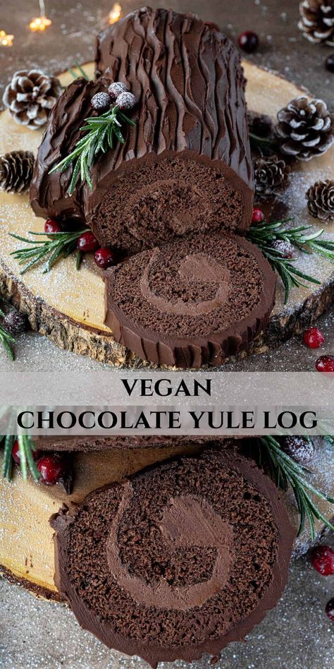 Vegan chocolate yule log - this delicious vegan chocolate swiss roll cake is a real show stopper for Christmas! With a delicate chocolate sponge cake, chocolate buttercream filling and rich chocolate ganache icing this cake is a chocaholics dream! Vegan Yule Log, Vegan Xmas, Christmas Yule Log, Chocolate Log, Chocolate Yule Log, Vegan Christmas Dinner, Yule Log Cake, Vegan Holiday Recipes, Vegan Christmas Recipes