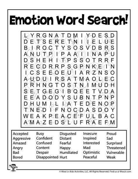 Identifying Emotions Word Search for Kids | Woo! Jr. Kids Activities : Children's Publishing Social Emotional Group Activities, Thoughts Feelings Actions Worksheet, Emotional Expression Activities, Social Emotional Learning Arts And Crafts, Identifying Emotions Worksheet, Behavioral Therapy For Kids Activities, Positive Action Activities For Kids, Emotion Identification Activities, Kids Counseling Activities