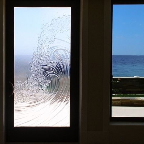 Glass: slumped series, Thickness: 3/8", Specification: tempered, Texture: almost clear, sand, impact, Color: clear, Detail: contemporary, linear, curvilinear, naturalistic, aqua, aquatic, subaquatic, tide, water, wave Glass Bathroom Door, Glass Film Design, Window Glass Design, Etched Glass Door, Ocean Front Homes, Entry Doors With Glass, Dream Shower, Wave Texture, Frosted Glass Door