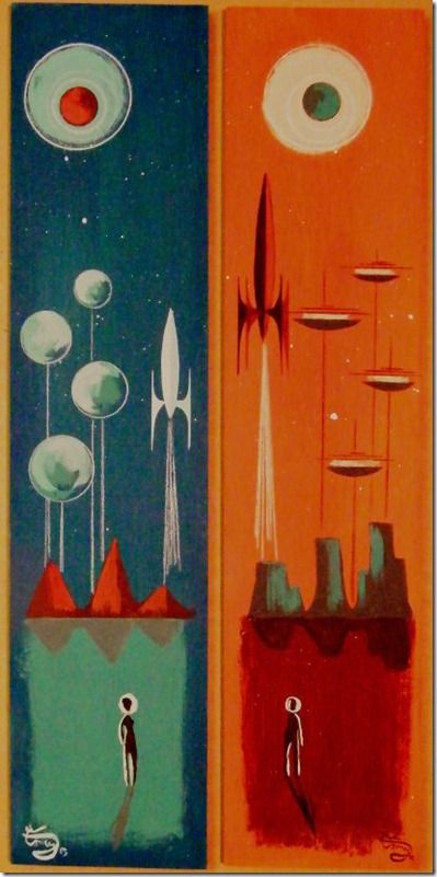 Two Worlds 1950s Space Art Retro Futurism, 1950s Space Art, Wall Paper Modern, Modern Futurism, Retro Futurism Art, Atomic Art, Atomic Retro, Rocket Ships, Mcm Art