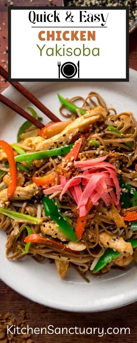 This Chicken Yakisoba is a quick stir fry, made with soba noodles, chicken, prawns and egg. The dish is all finished off with a sprinkling of crispy onions and slices of pickled ginger for a bit of fresh heat. Recreate your favourite Wagamama noodle dish with my 20-minute copycat recipe! Soba Noodle Recipe Chicken, Chicken Yakisoba Recipe, Yakisoba Recipe, Chicken Yakisoba, Yaki Soba, New Chicken Recipes, Noodles Chicken, Quick Stir Fry, Cooking For A Crowd