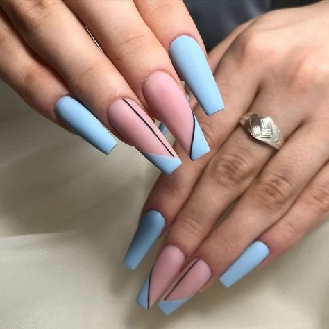 Long Baby Matte Blue And Pink Nails Matte Blue Nails Design, Matte Blue Nails, Powder Blue Nails, Baby Blue Acrylic Nails, Blue Coffin Nails, Blue Gel Nails, Sugar Nails, Light Blue Nails, Baby Blue Nails