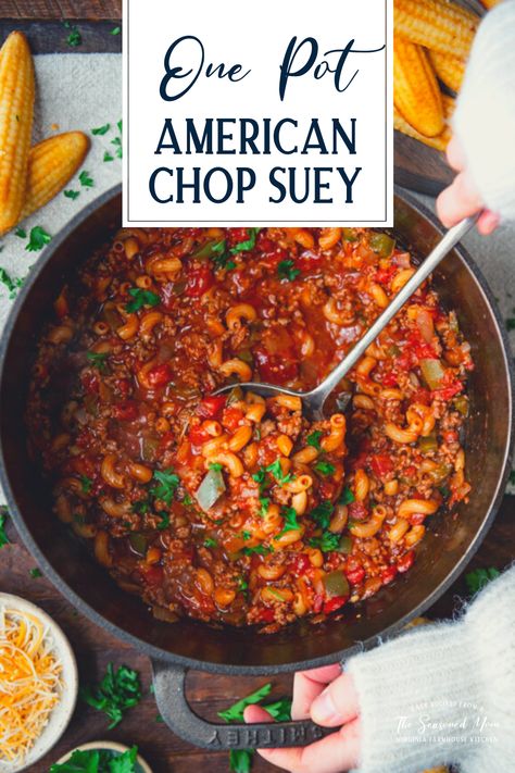 With just 10 minutes of prep and a few pantry staples, my grandmother's one pot American Chop Suey (or American Goulash) is a quick and easy dinner recipe that kids and adults will love! Top it with cheddar or Parmesan cheese, and serve it alongside a salad, cornbread, or biscuits. The made from scratch pasta and ground beef skillet is always a weeknight winner! Pasta And Ground Beef, Ground Beef Skillet, Dutch Oven Pot Roast, American Chop Suey, Beef Skillet, American Goulash, One Pan Pasta, Whole Roasted Chicken, Cast Iron Recipes