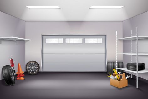 Garage interior realistic composition | Premium Vector #Freepik #vector #car #technology #light #home Garage Design Interior, Garage Door Company, Residential Garage Doors, Garage Door Springs, Garage Service Door, Garage Remodel, Garage Work Bench, Garage Interior, Garage Door Repair