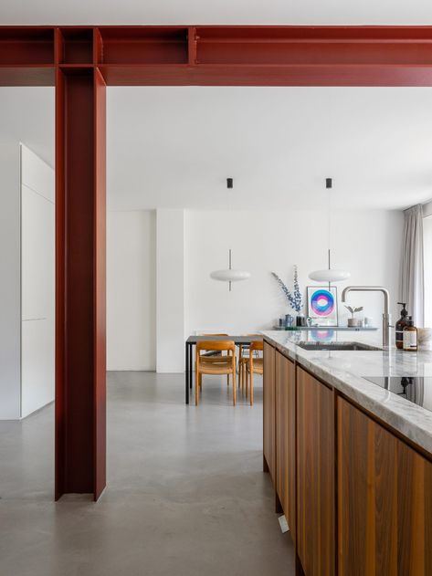 House With Four Columns created by Unknown Architects in Amsterdam Interior Column Design, Kitchen Island With Columns, Kitchen Pillar, Breakfast Island, Columns Interior, Kitchen Trends 2020, Red Kitchen Island, House Before And After, Metal Beam